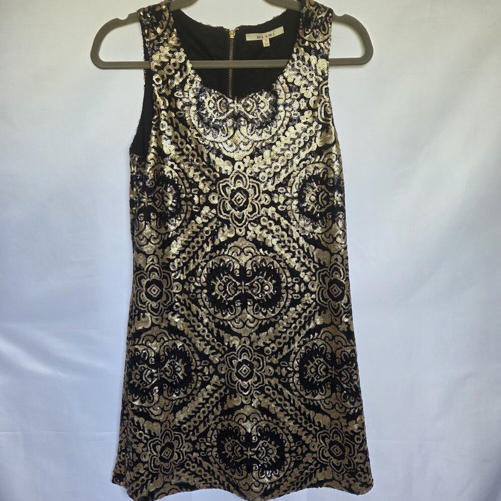 Miami Black Gold Sequin Shift Dress Small Sleeveless Cocktail Party Mini S